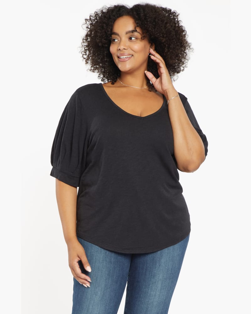 Front of a model wearing a size 0X Charming Balloon-Sleeve Tee in Jet Black by NYDJ. | dia_product_style_image_id:166443